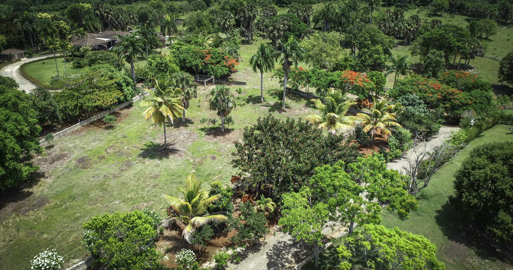 buyDRproperty Aerial view of a beautiful building lot with a house and lush green trees. Sosua Real Estate