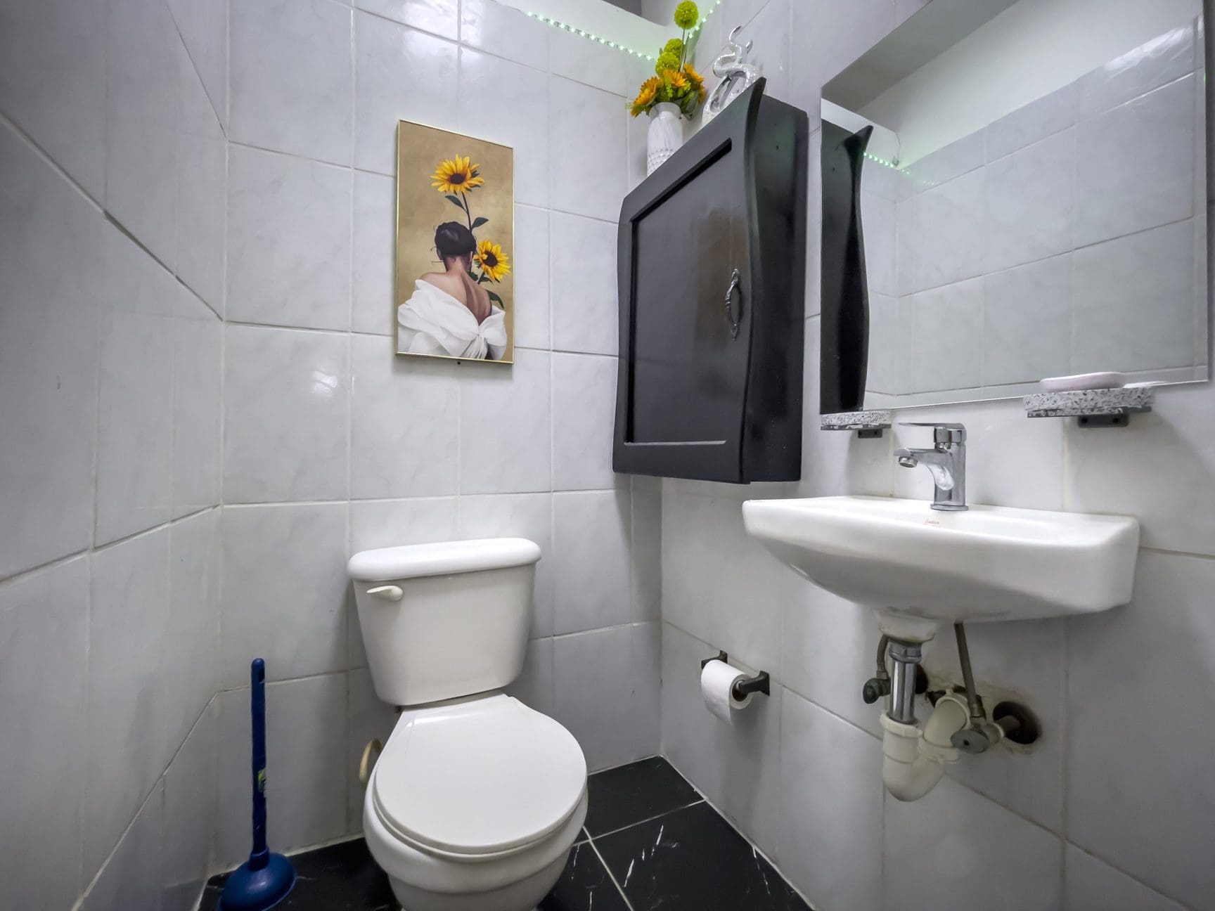 buyDRproperty Small bathroom with a toilet, sink, and black cabinet. For Sale! Smart Home. Sosua Real Estate