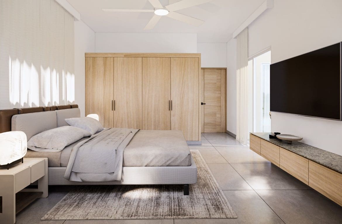 buyDRproperty Modern bedroom in a Countryside Villa For Sale with a large TV and wooden furniture. Sosua Real Estate
