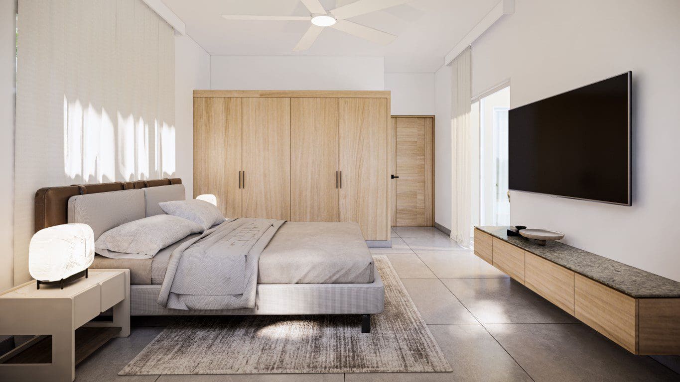 buyDRproperty Modern bedroom in a Countryside Villa For Sale with a large TV and wooden furniture. Sosua Real Estate