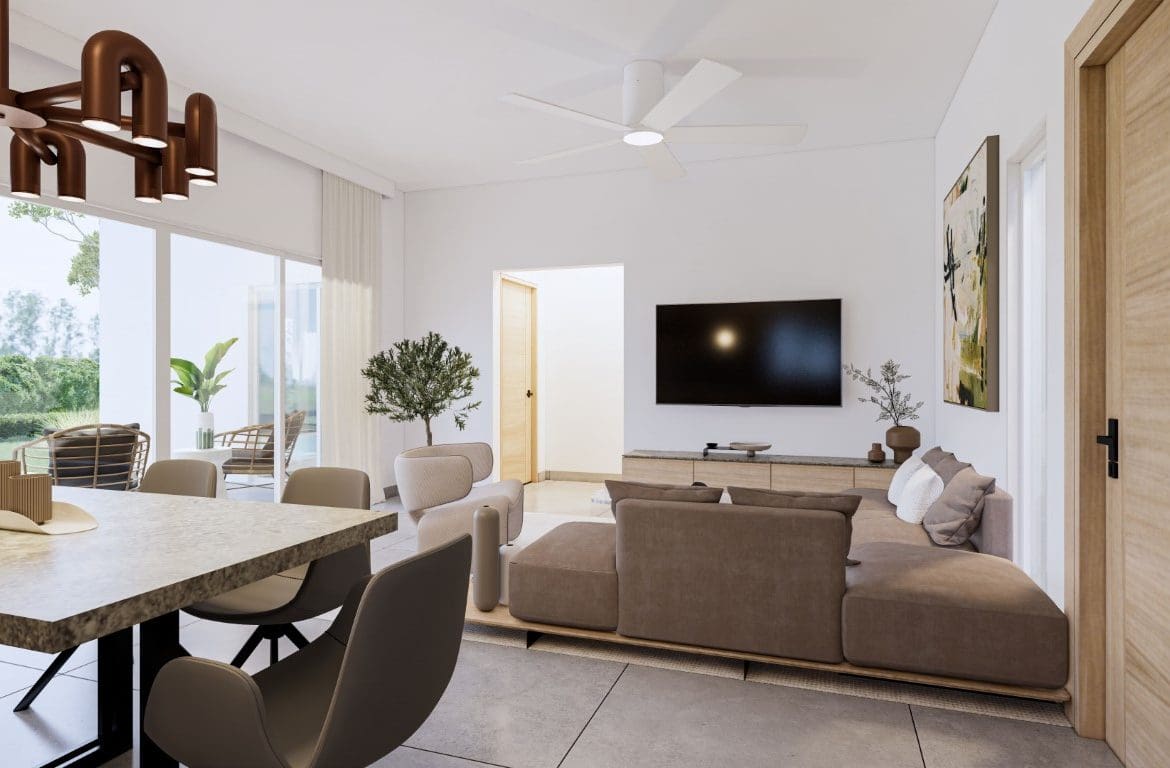 buyDRproperty Modern living room in a Countryside Villa For Sale with neutral tones and large windows. Sosua Real Estate