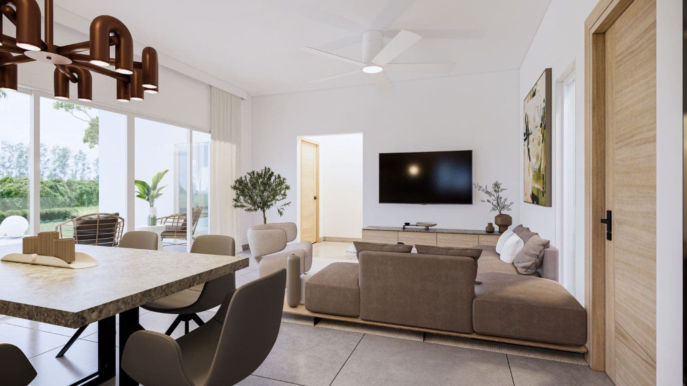 buyDRproperty Modern living room in a Countryside Villa For Sale with neutral tones and large windows. Sosua Real Estate