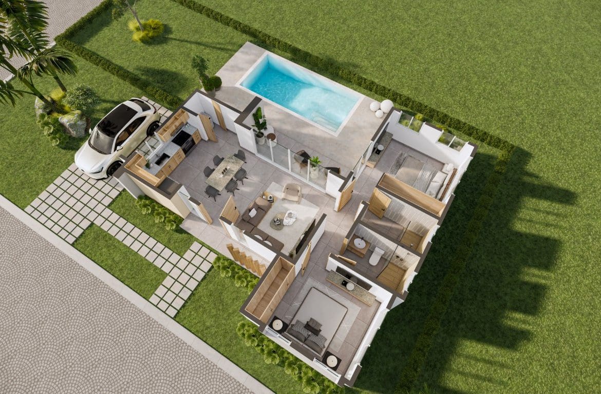 buyDRproperty Aerial view of a modern 2-bedroom Countryside Villa For Sale with a private pool and car. Sosua Real Estate