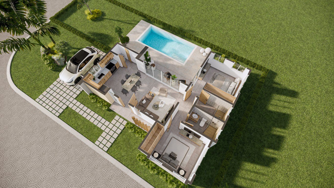 buyDRproperty Aerial view of a modern 2-bedroom Countryside Villa For Sale with a private pool and car. Sosua Real Estate