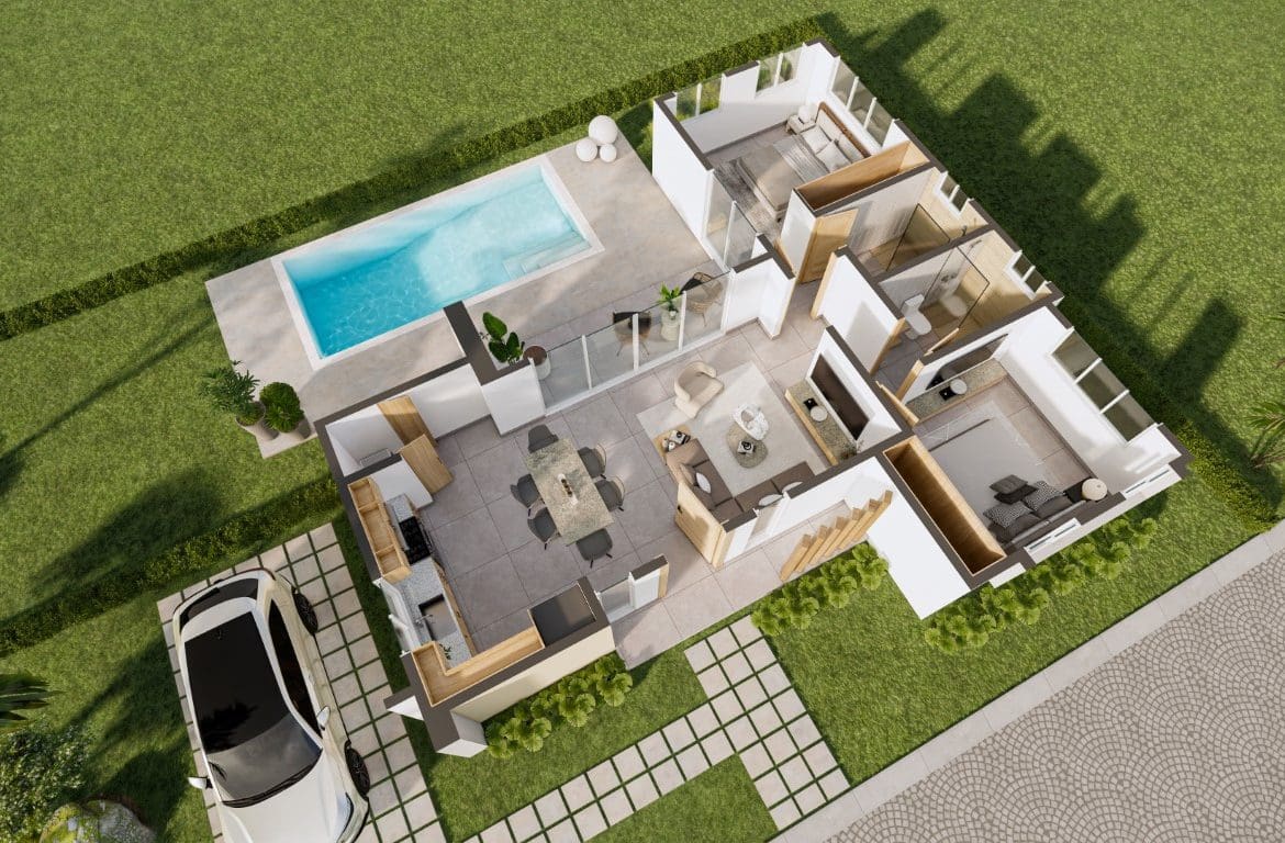 buyDRproperty Top-down view of a modern countryside villa for sale with a private pool and car. Sosua Real Estate
