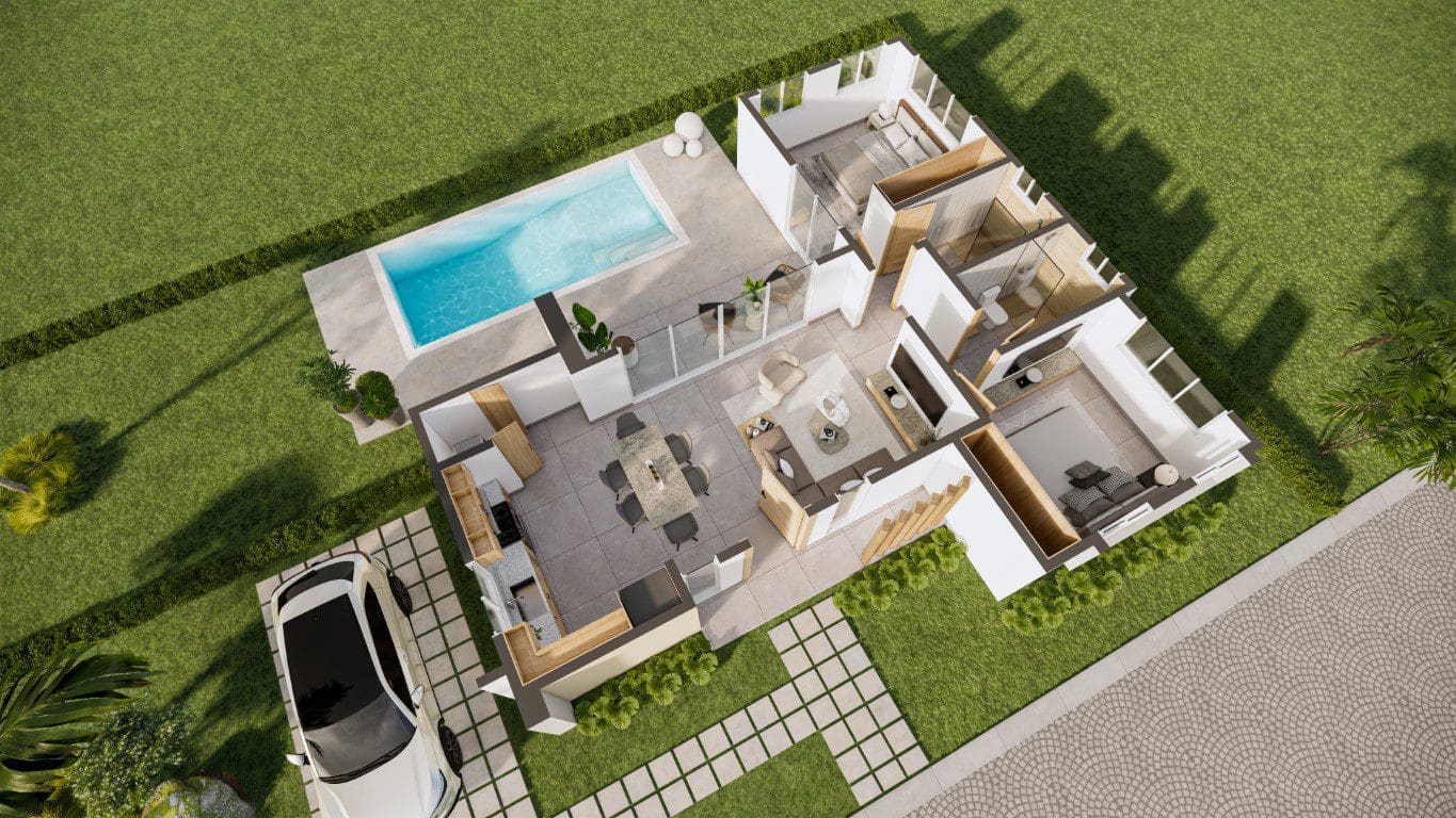 buyDRproperty Top-down view of a modern countryside villa for sale with a private pool and car. Sosua Real Estate