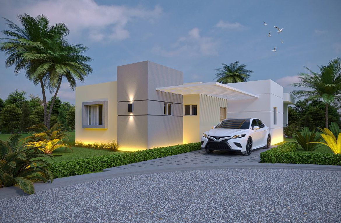 buyDRproperty Modern 3-Bedroom Oasis villa with a car parked in the driveway. Sosua Real Estate