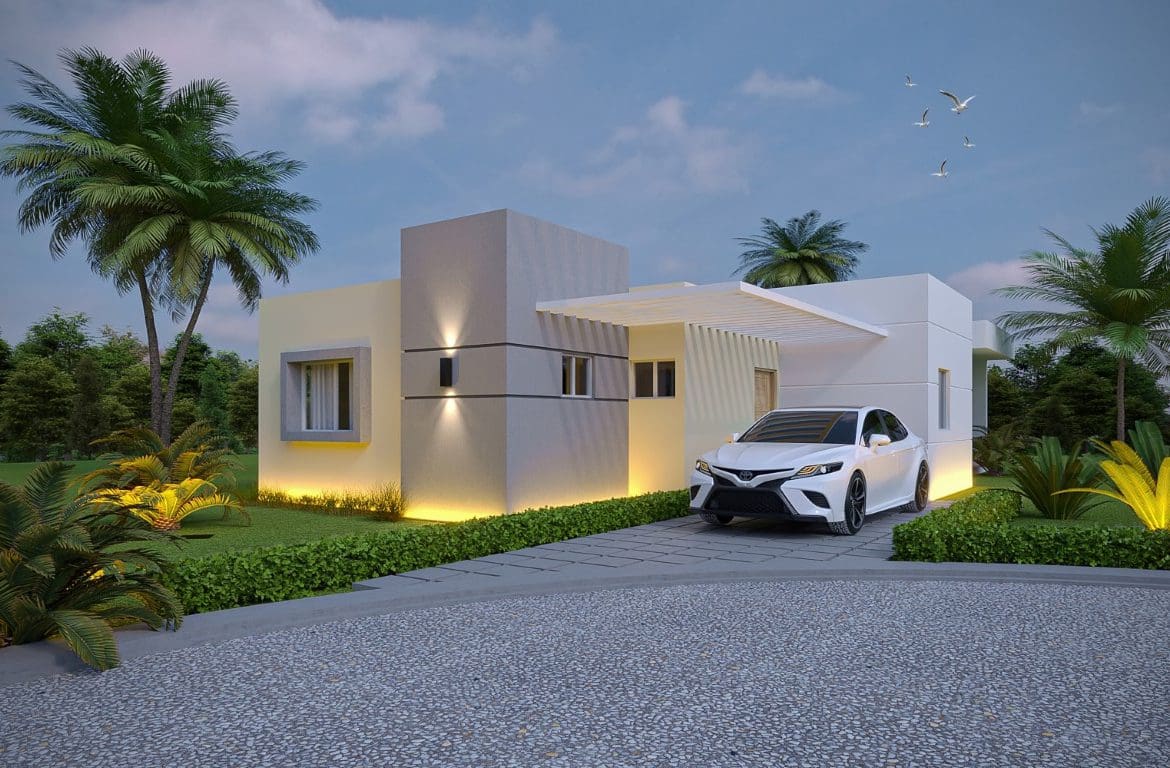 buyDRproperty Modern 3-Bedroom Oasis villa with a car parked in the driveway. Sosua Real Estate