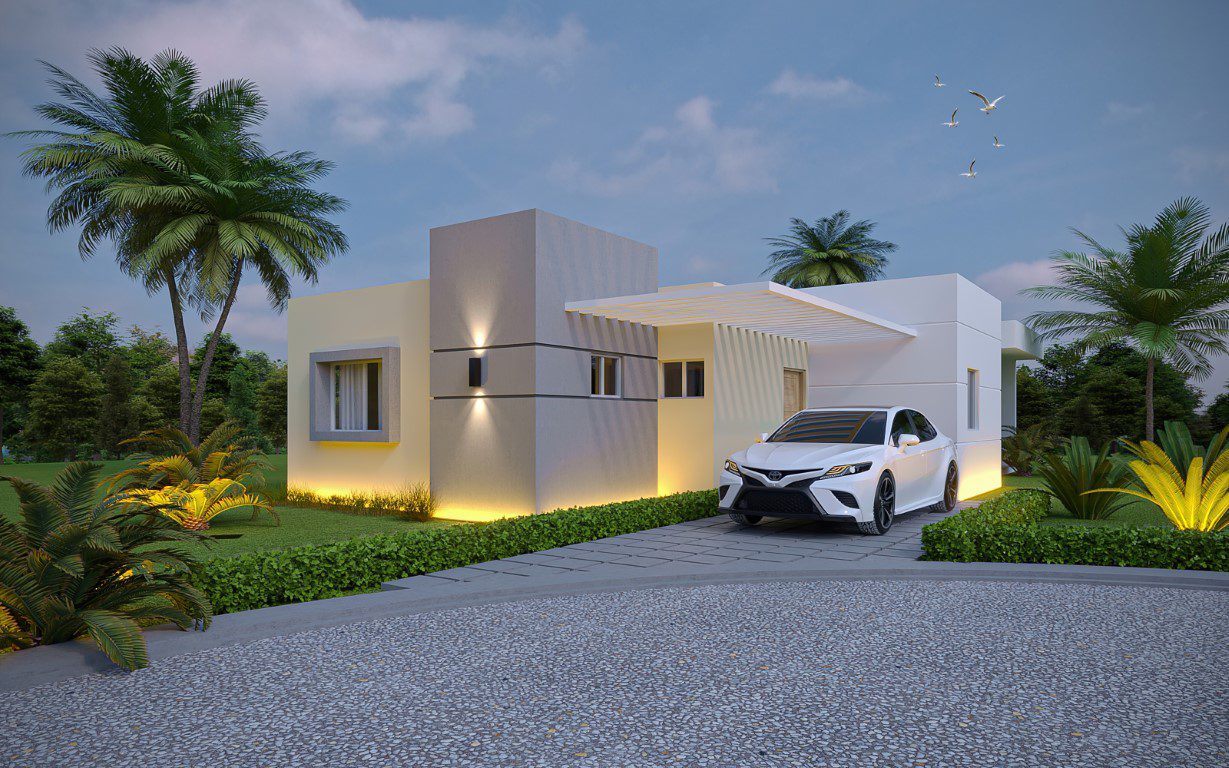 buyDRproperty Modern 3-Bedroom Oasis villa with a car parked in the driveway. Sosua Real Estate
