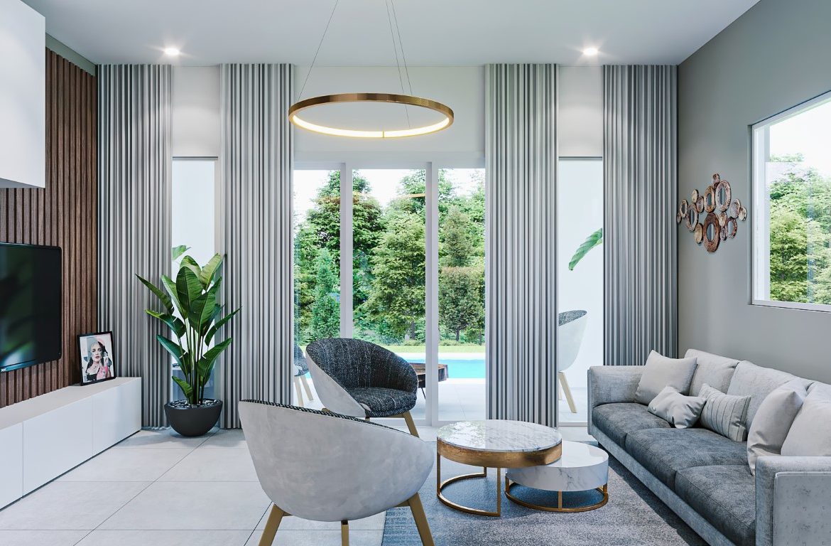 buyDRproperty Living room in a 3-Bedroom Oasis villa with pool view, Sosua. Sosua Real Estate