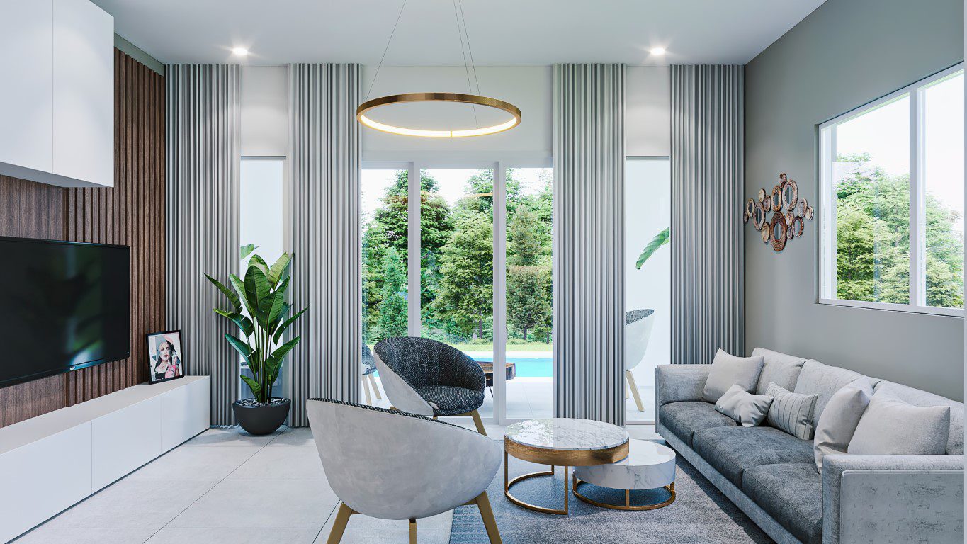 buyDRproperty Living room in a 3-Bedroom Oasis villa with pool view, Sosua. Sosua Real Estate