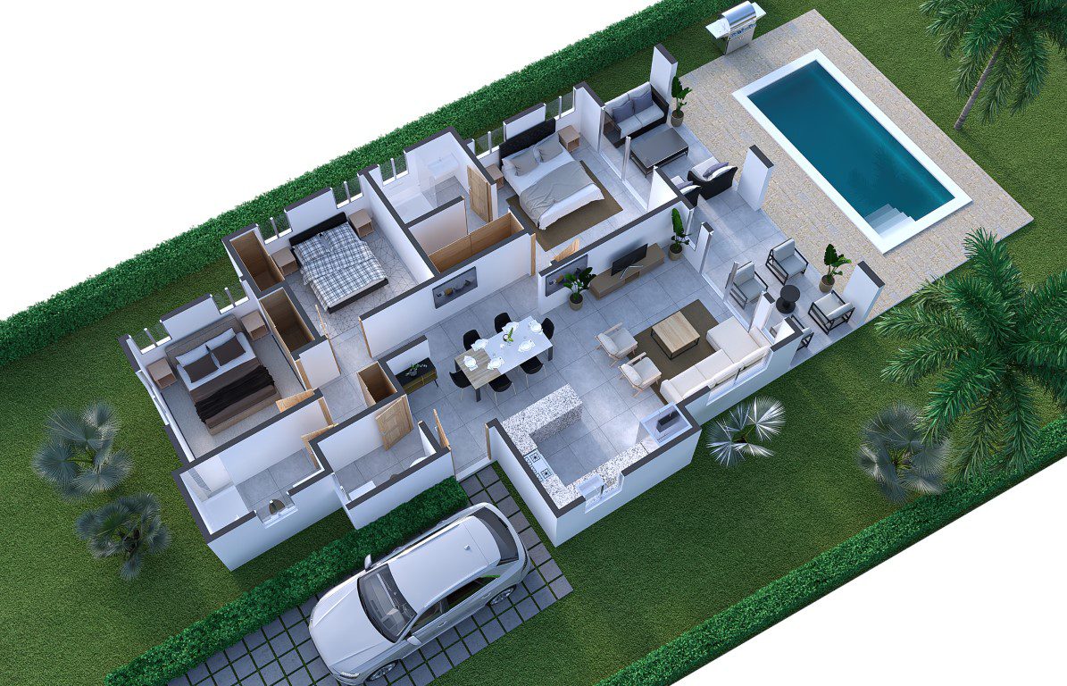 buyDRproperty 3-Bedroom Oasis: Top-down view of a luxury villa with a pool and car. Sosua Real Estate