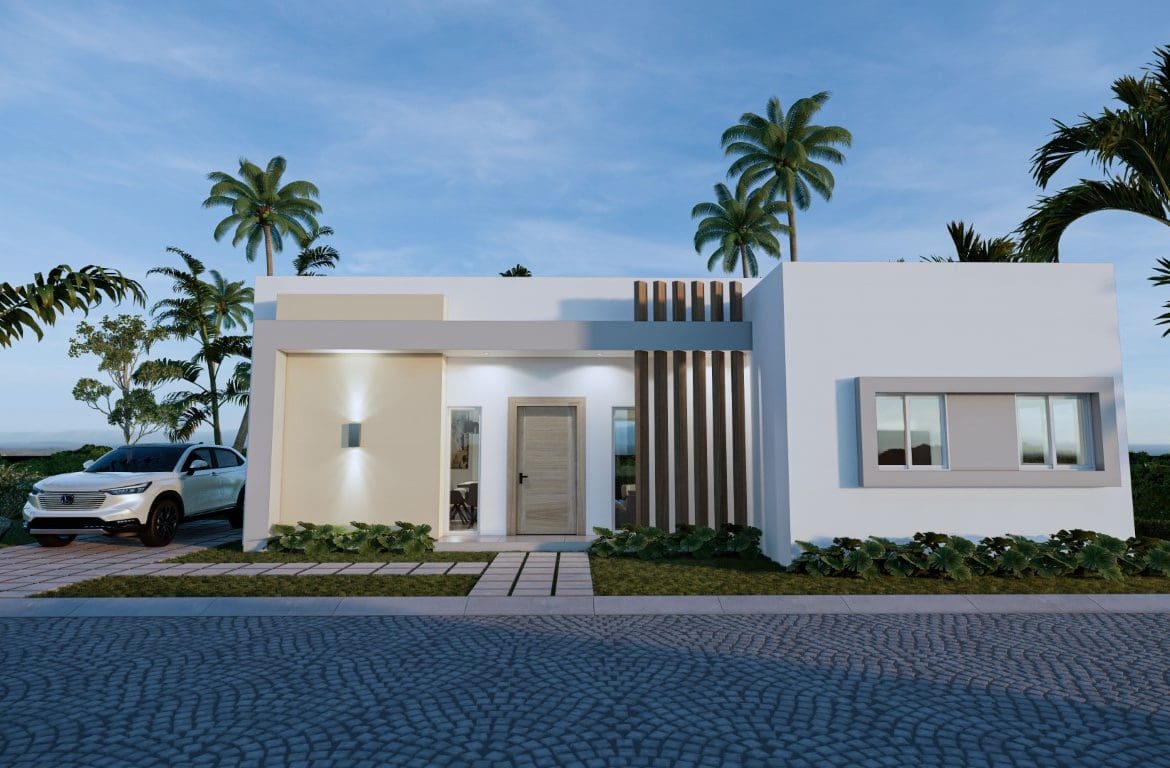 buyDRproperty Modern Countryside Villa For Sale with palm trees and car Sosua Real Estate