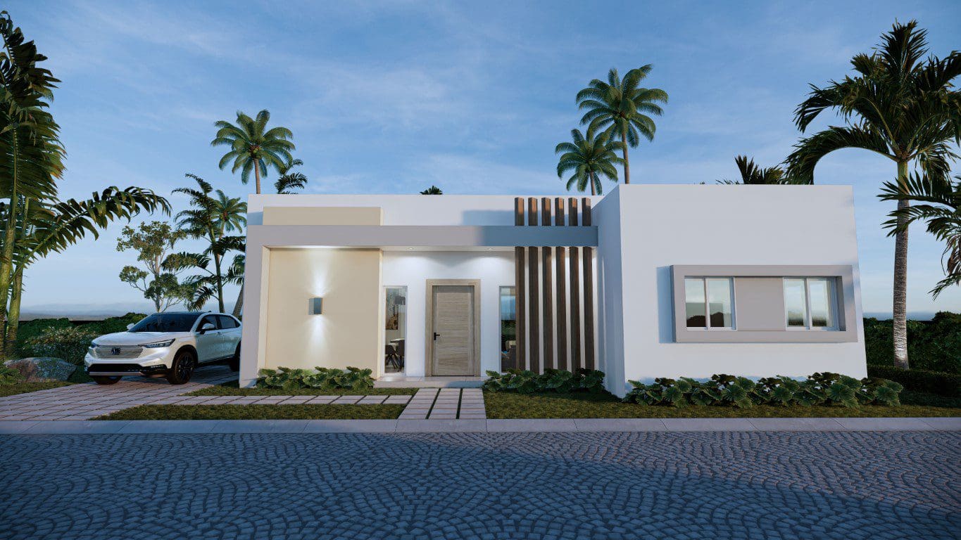 buyDRproperty Modern Countryside Villa For Sale with palm trees and car Sosua Real Estate