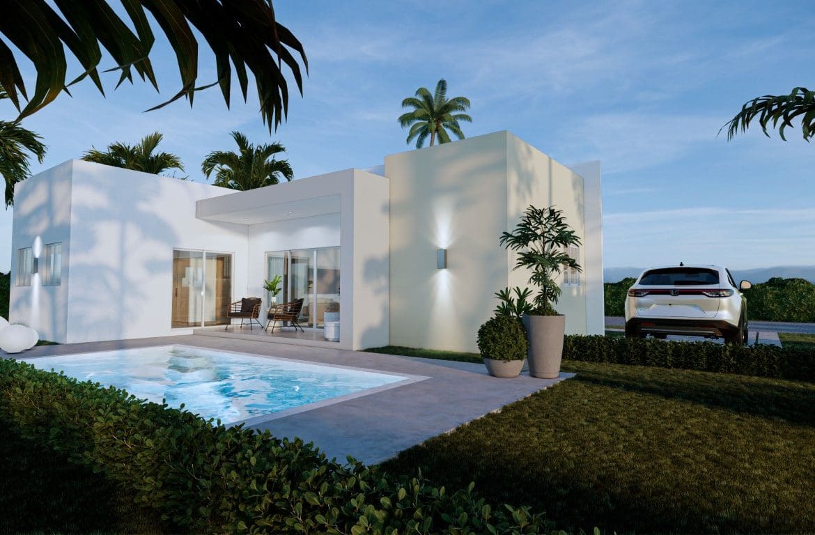 buyDRproperty Modern Countryside Villa For Sale with private pool, featuring a car and palm trees. Villas Tisú. Sosua Real Estate