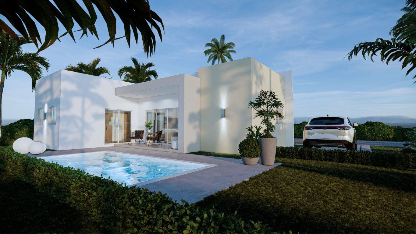 buyDRproperty Modern Countryside Villa For Sale with private pool, featuring a car and palm trees. Villas Tisú. Sosua Real Estate