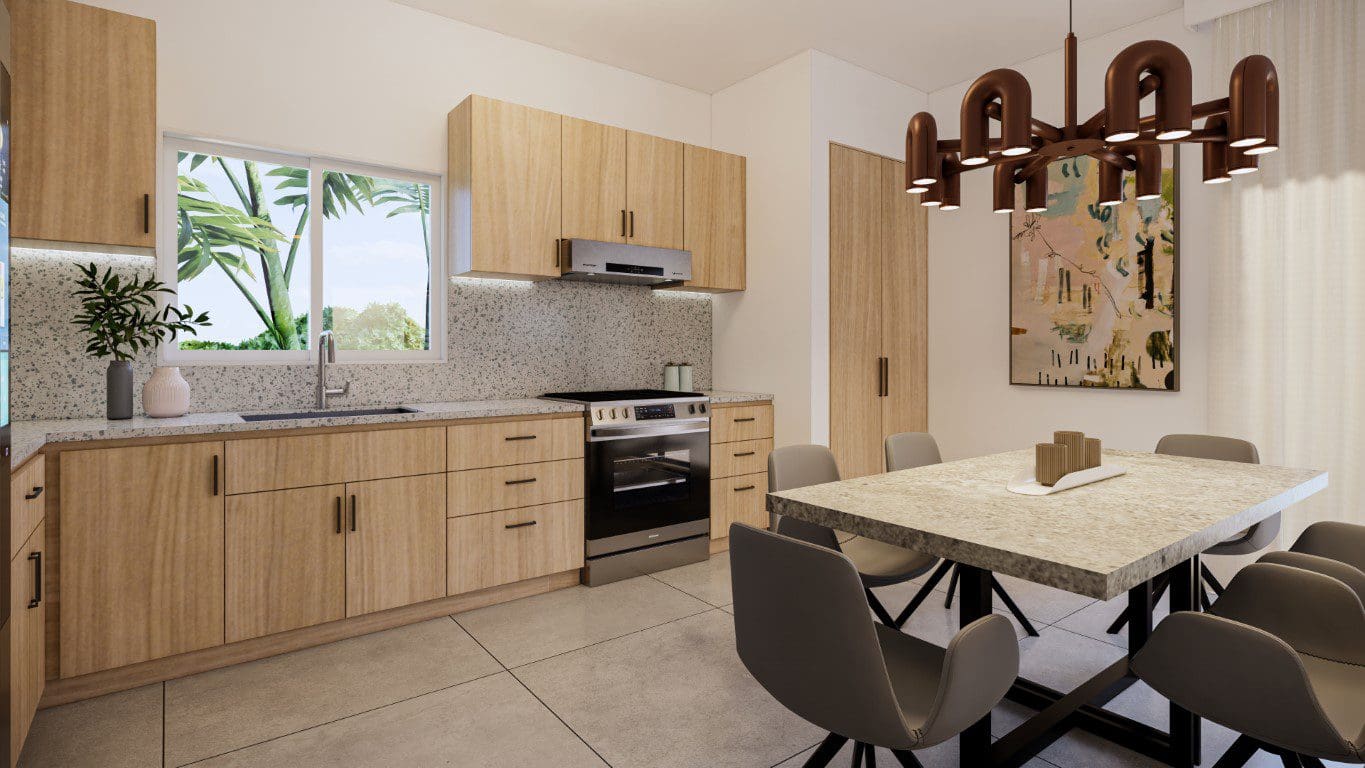 buyDRproperty Modern kitchen and dining area in a Countryside Villa For Sale, featuring light wood cabinets and a stylish chandelier. Sosua Real Estate