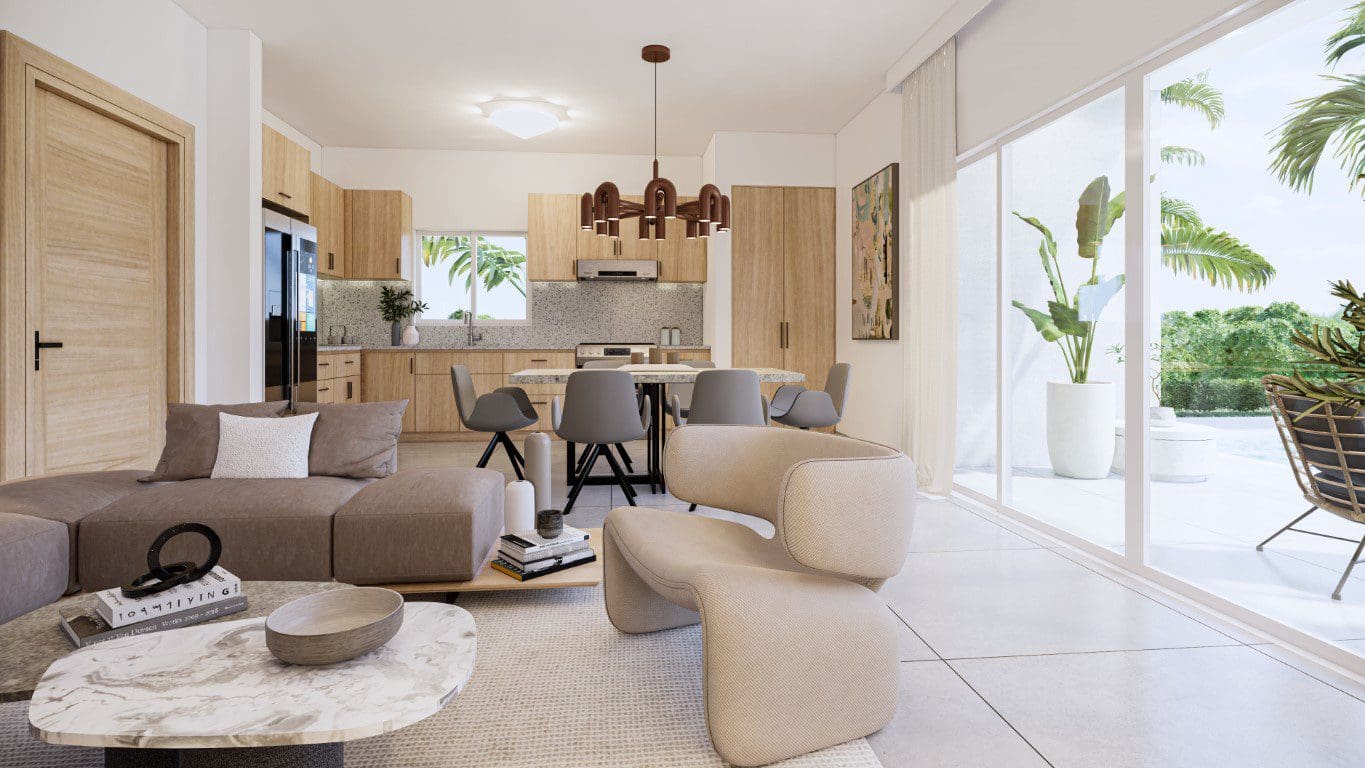 buyDRproperty Modern living room of a Countryside Villa For Sale, featuring a dining area and large windows. Sosua Real Estate