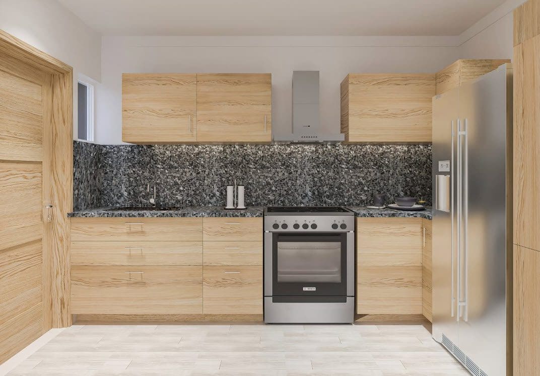 buyDRproperty Modern kitchen with light wood cabinets, granite backsplash, and stainless steel appliances. Condo for sale. Sosua Real Estate