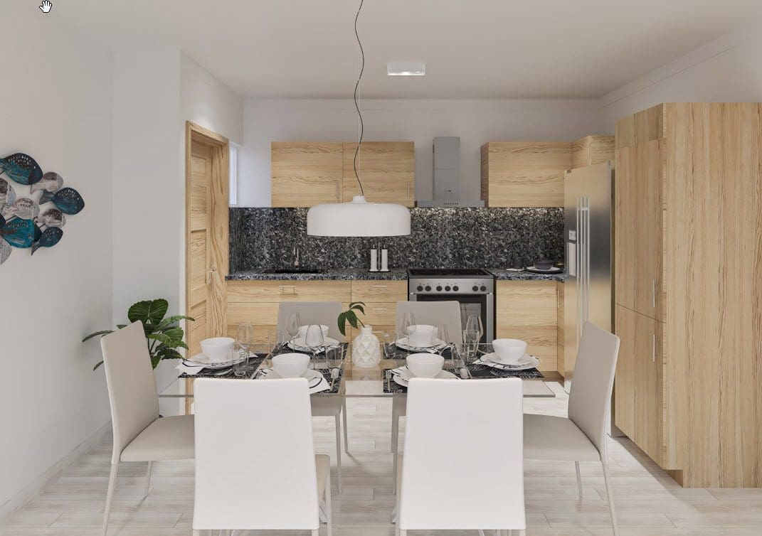 buyDRproperty Modern dining room with kitchen cabinets, dining table and chairs. Condo for Sale close to beach Sosua Real Estate
