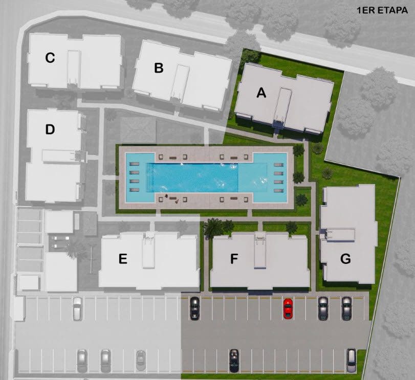 buyDRproperty Condo complex plan with pool, buildings A-G, and parking. Condo for sale close to beach. Sosua Real Estate