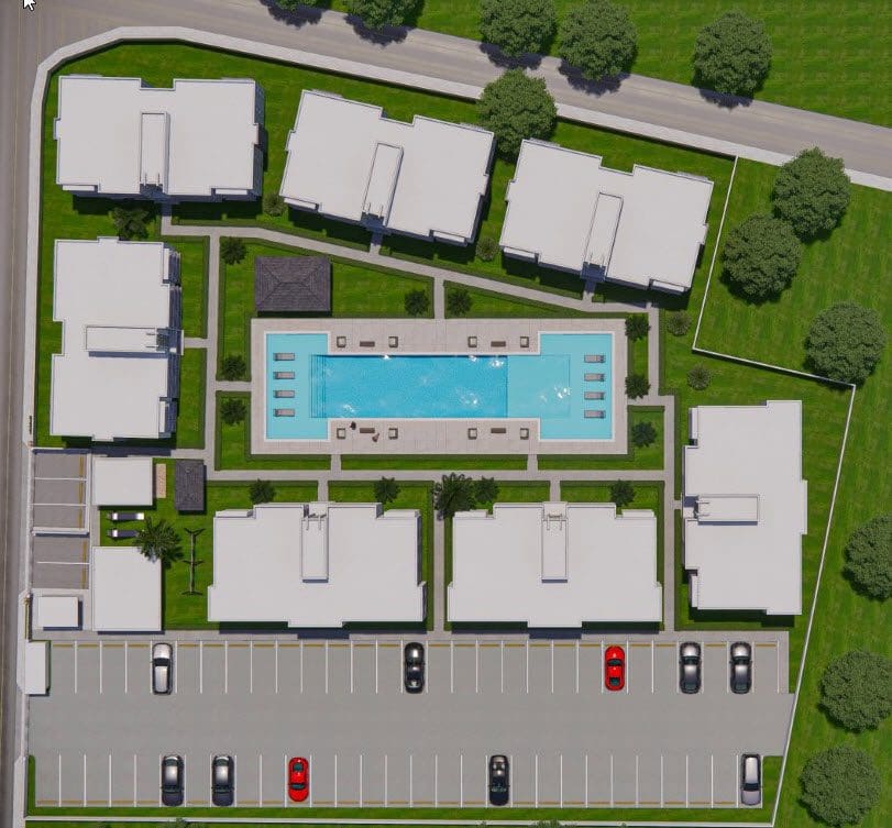 buyDRproperty Aerial view of a condo complex with a pool, close to the beach. Condo for sale. Sosua Real Estate