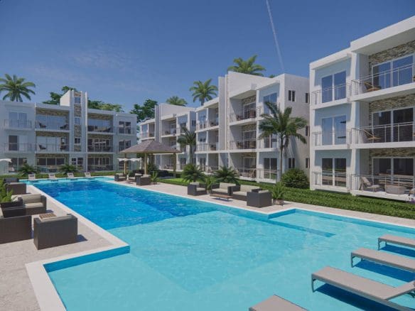 buyDRproperty Luxury condo for sale close to beach with a pool and modern architecture. Sosua Real Estate