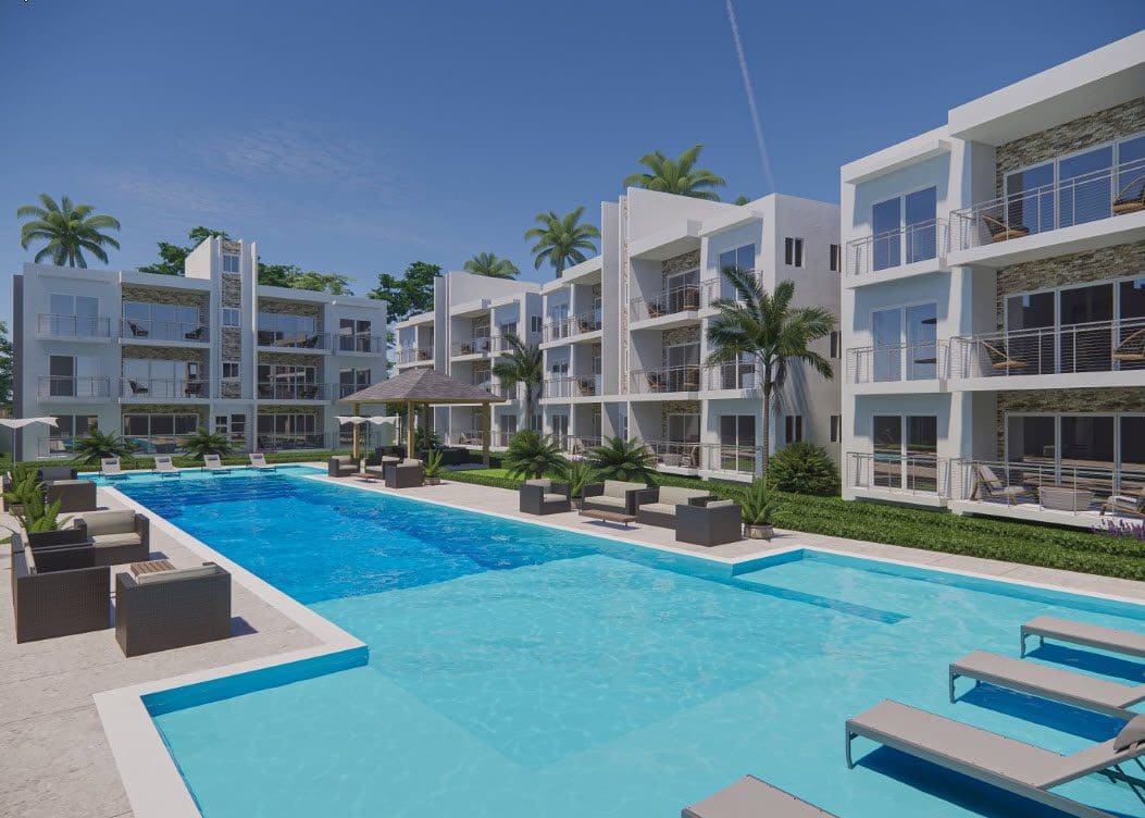 buyDRproperty Luxury condo for sale close to beach with a pool and modern architecture. Sosua Real Estate