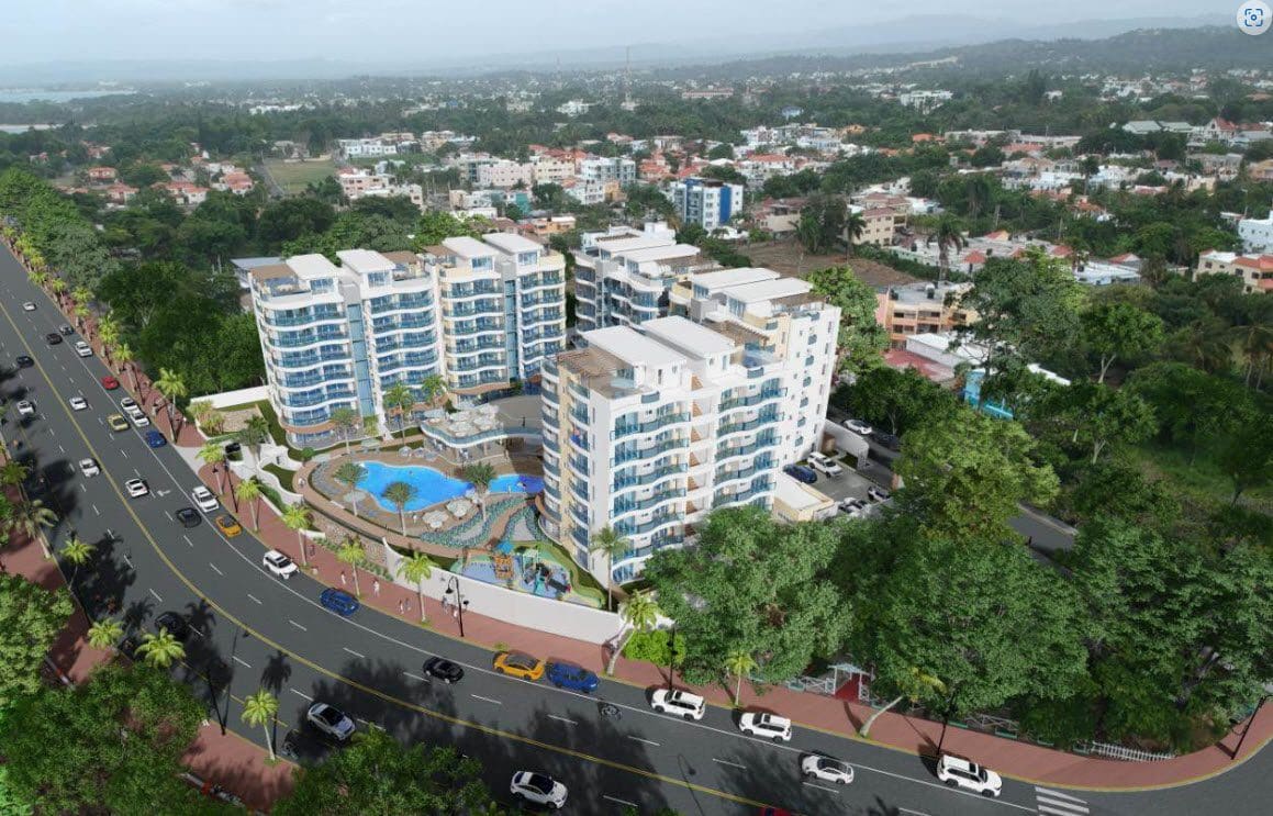 buyDRproperty Aerial view of Atlantic Luxury Towers condos in the Dominican Republic. Sosua Real Estate