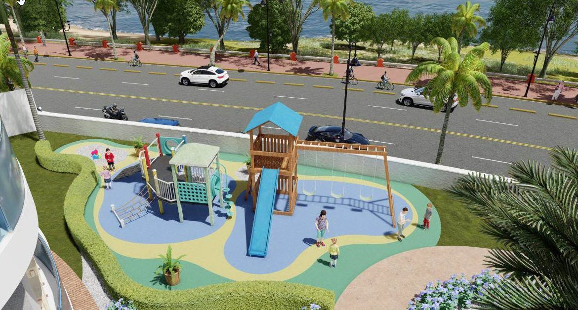 buyDRproperty Playground at Atlantic Luxury Towers condos in the Dominican Republic. Kids playing near the beach. Sosua Real Estate