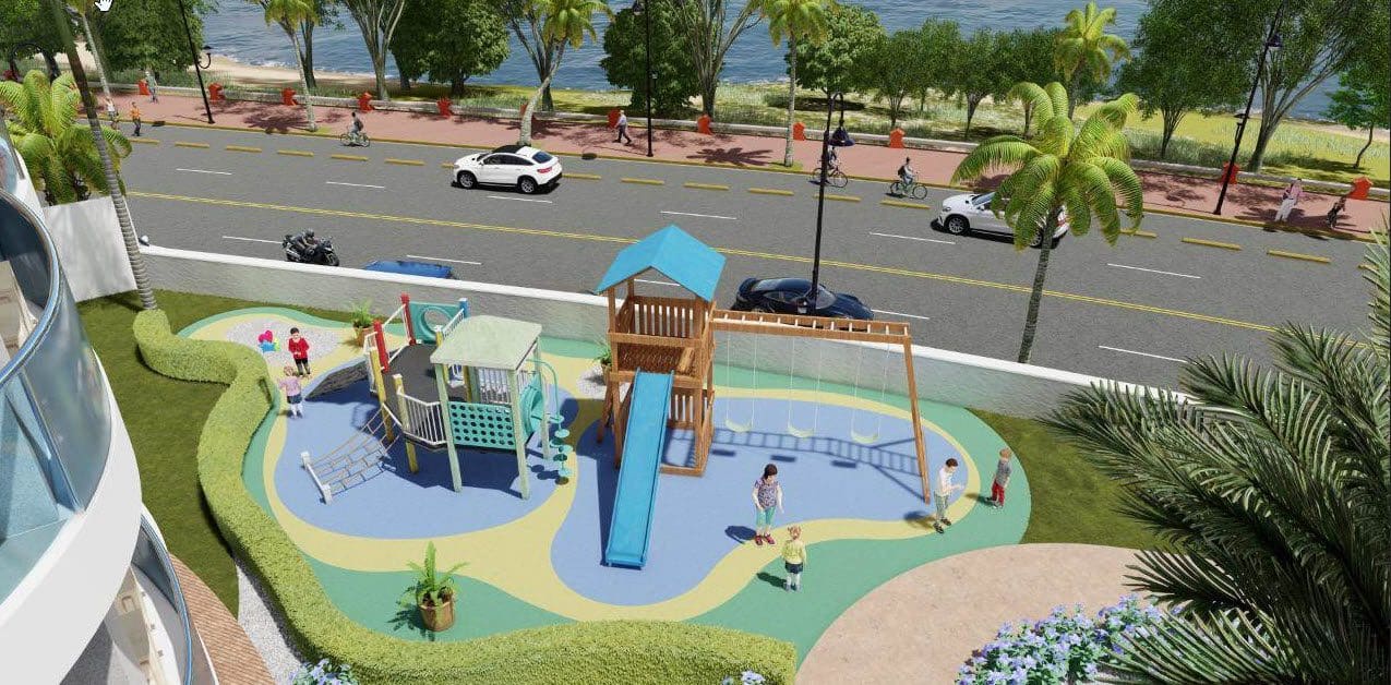buyDRproperty Playground at Atlantic Luxury Towers condos in the Dominican Republic. Kids playing near the beach. Sosua Real Estate