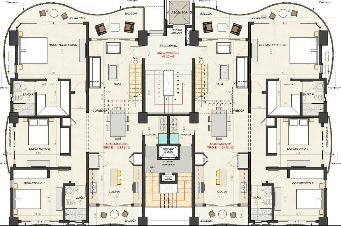 buyDRproperty Floor plan of a condo unit in Atlantic Luxury Towers, Dominican Republic, featuring two bedrooms, living area, and balcony. Sosua Real Estate
