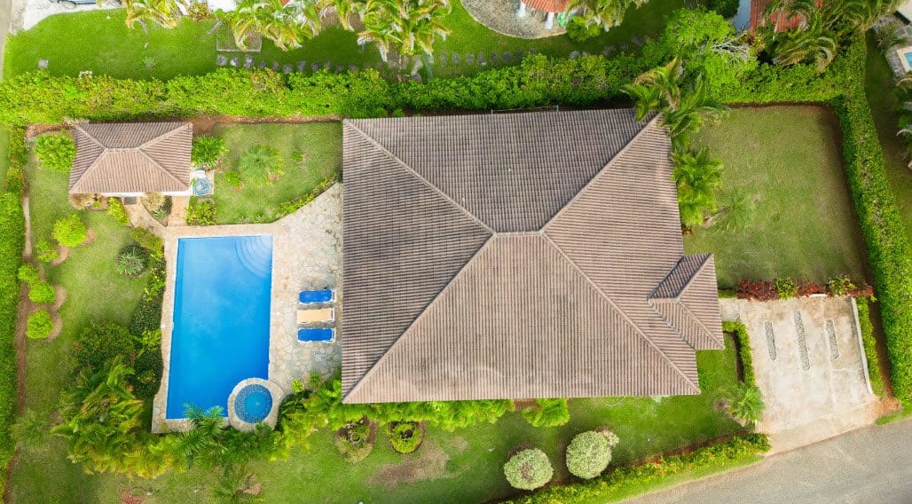 buyDRproperty Aerial view of a beautiful 3 bedroom villa with pool in Hispaniola Sosua Real Estate