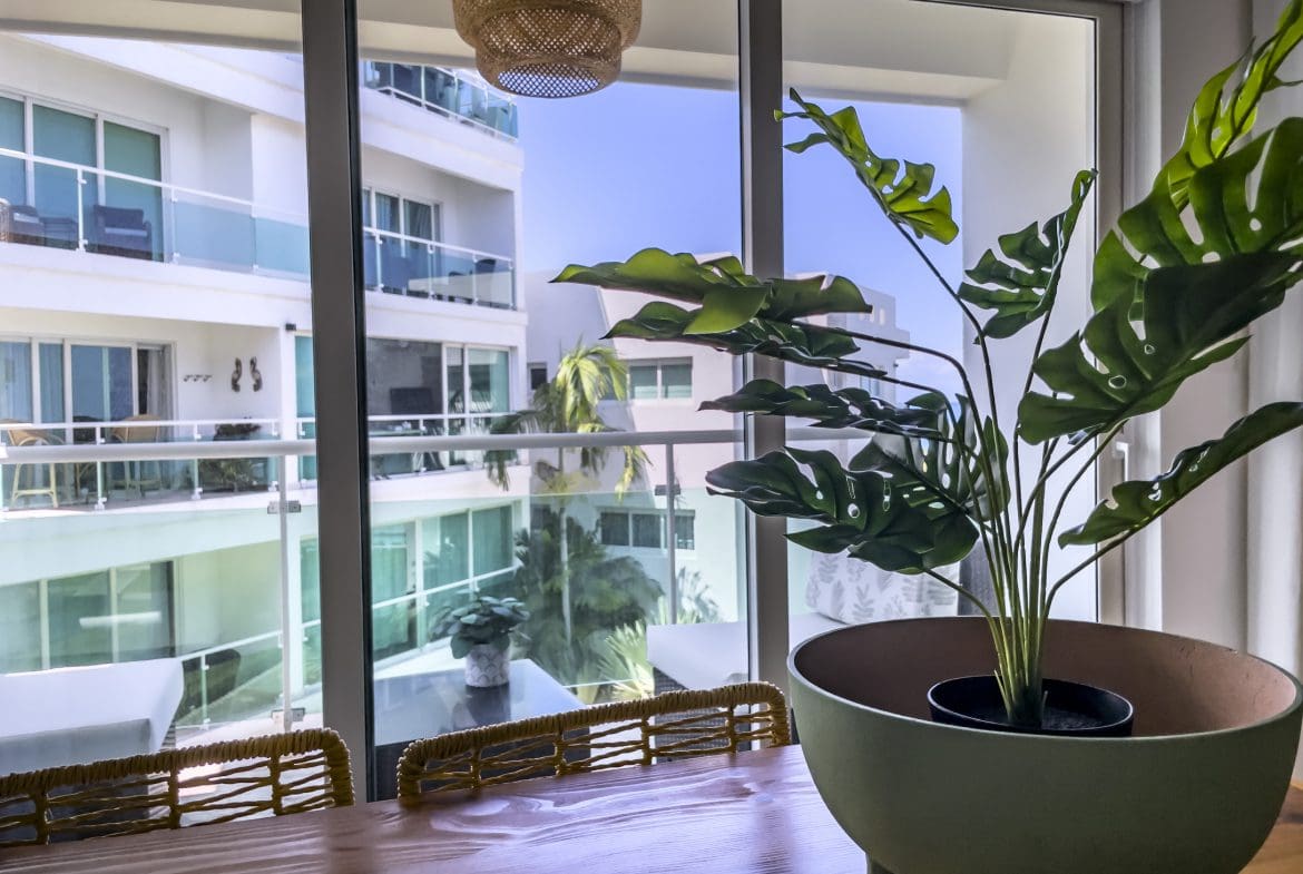 buyDRproperty Modern monstera plant in a stylish condo, oceanfront condo for sale in Sosua. Sosua Real Estate