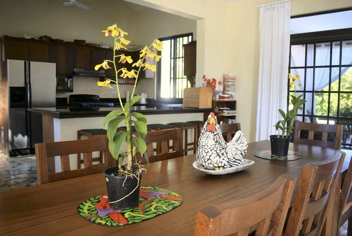 buyDRproperty Dining room interior of a Beautiful 4 Bedroom Villa in Sosua with orchid plants and a ceramic chicken. Sosua Real Estate