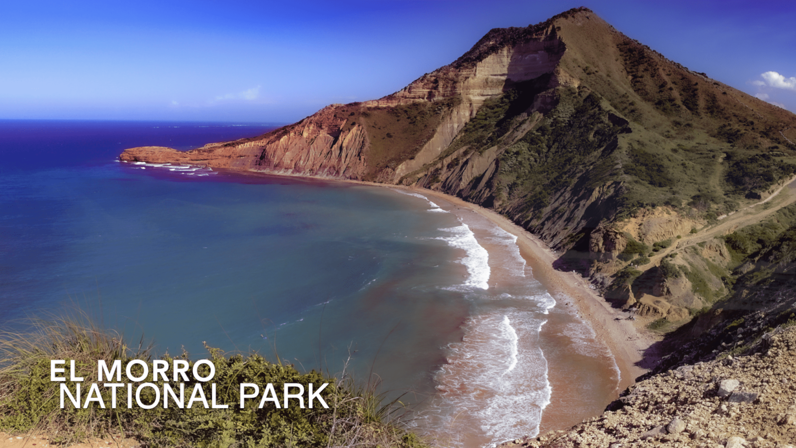buyDRproperty El Morro National Park coastline with text "El Morro National Park Sosua Real Estate