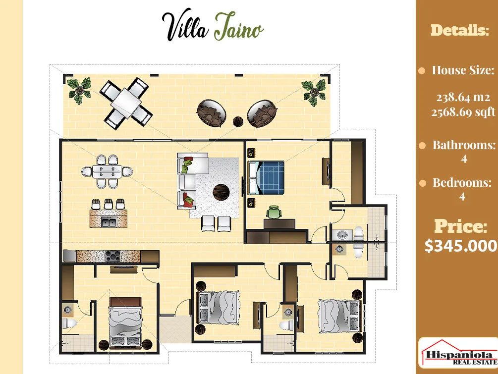 buyDRproperty Floor plan of a 4 Bedroom Villa TAINO with 4 bathrooms, 238.64 m2, priced at $345,000. Sosua Real Estate