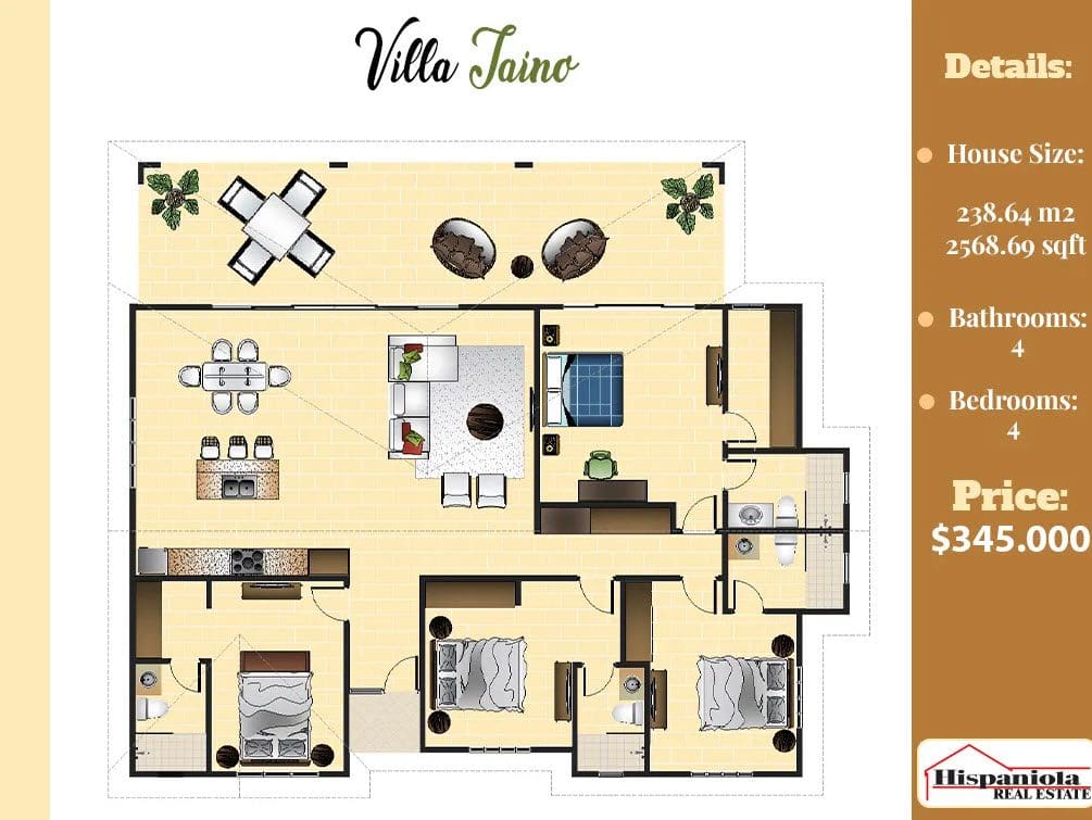 buyDRproperty Floor plan of a 4 Bedroom Villa TAINO with 4 bathrooms, 238.64 m2, priced at $345,000. Sosua Real Estate