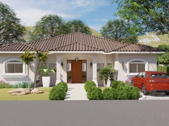 buyDRproperty Beautiful 3 Bedroom Villa LOTUS in Residential Hispaniola, exterior view with red car. Sosua Real Estate