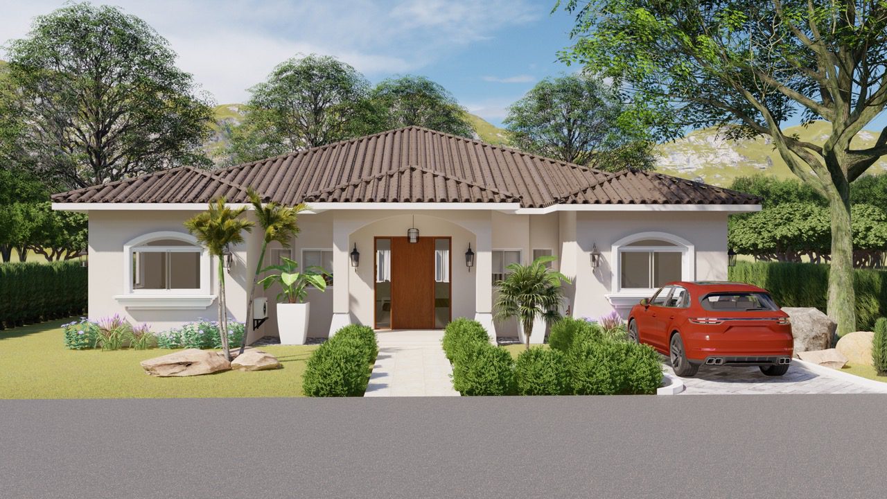 buyDRproperty Beautiful 3 Bedroom Villa LOTUS in Residential Hispaniola, exterior view with red car. Sosua Real Estate