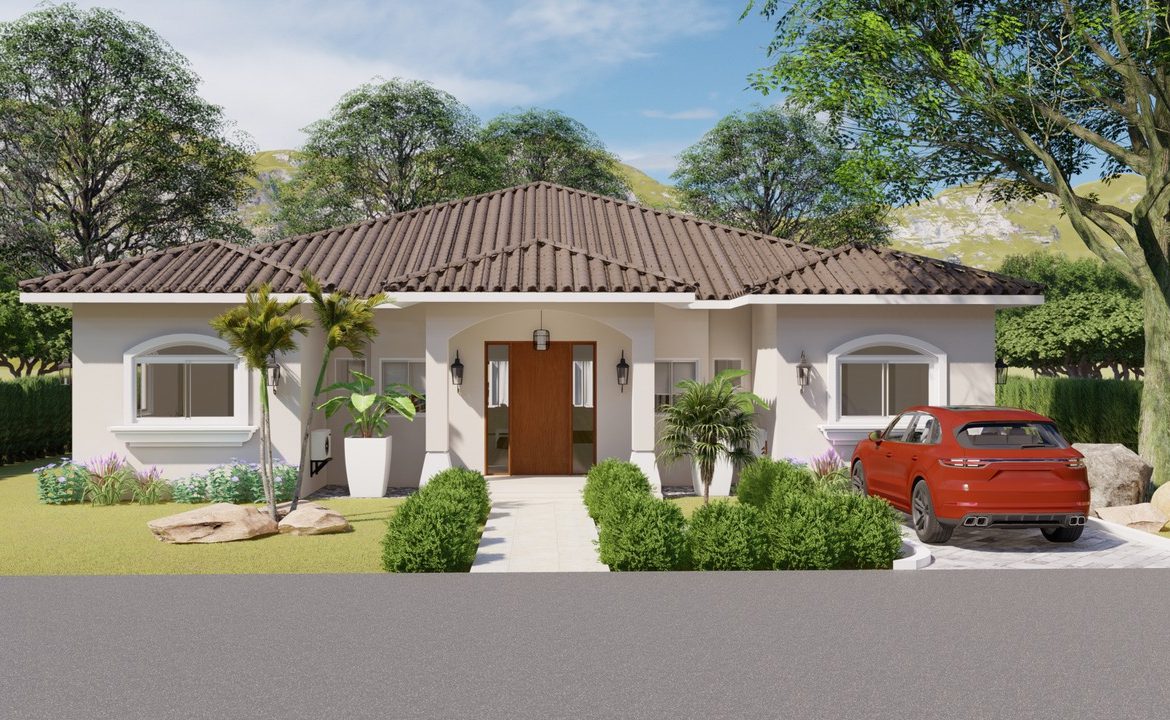 buyDRproperty Beautiful 3 Bedroom Villa LOTUS in Residential Hispaniola with red car in the driveway. Sosua Real Estate