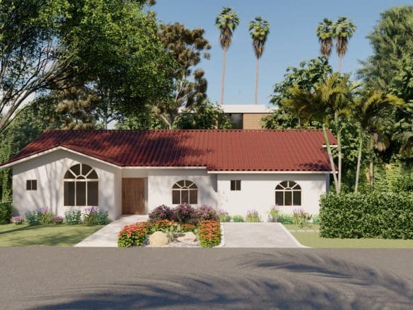 buyDRproperty Exterior view of a 4 Bedroom Villa TAINO with red tile roof and lush landscaping. Sosua Real Estate