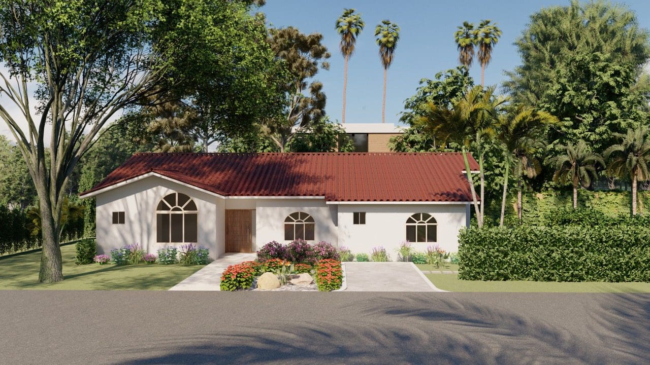 buyDRproperty Exterior view of a 4 Bedroom Villa TAINO with red tile roof and lush landscaping. Sosua Real Estate