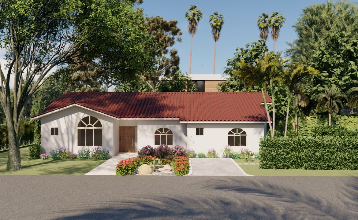 buyDRproperty Exterior view of a 4 Bedroom Villa TAINO with a red tiled roof, surrounded by lush greenery. Sosua Real Estate