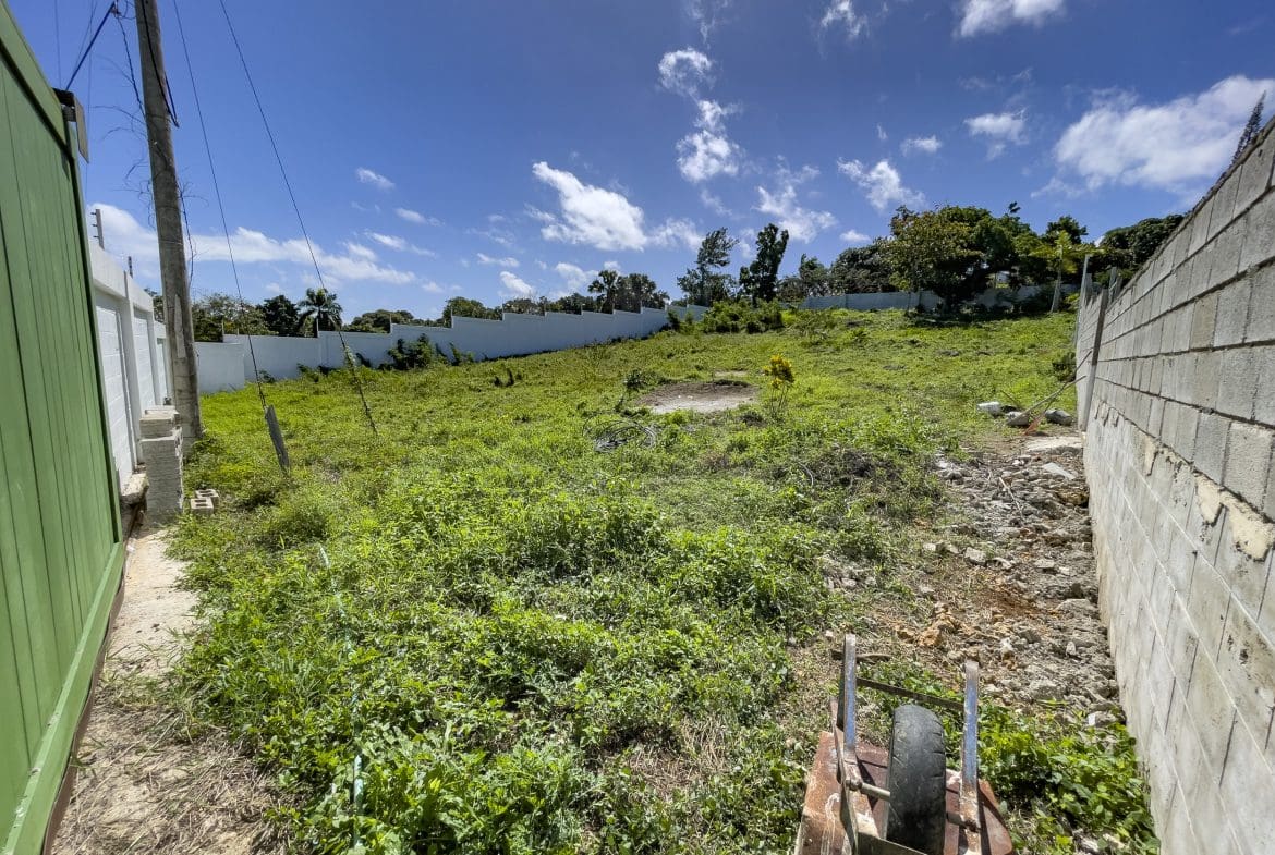 buyDRproperty Vacant lot with overgrown grass. Lots for sale in La Mulata. White wall, blue sky. Sosua Real Estate
