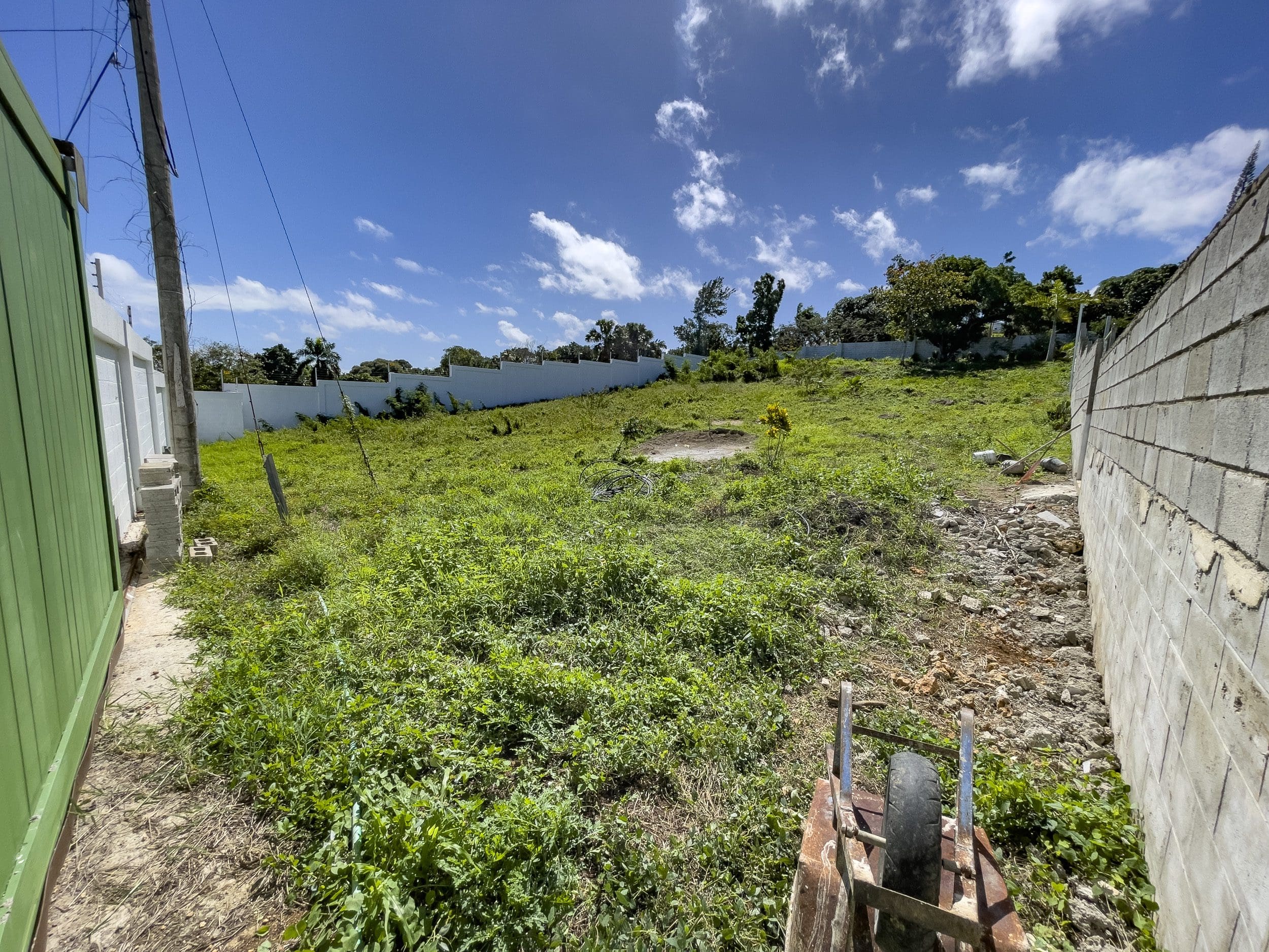 buyDRproperty Vacant lot with overgrown grass. Lots for sale in La Mulata. White wall, blue sky. Sosua Real Estate