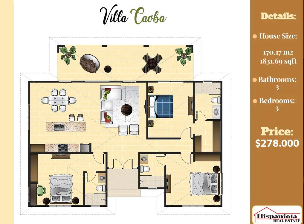 buyDRproperty Floor plan of a Wonderful 3 Bedroom Villa CAOBA with 3 bathrooms, priced at $278,000. Sosua Real Estate