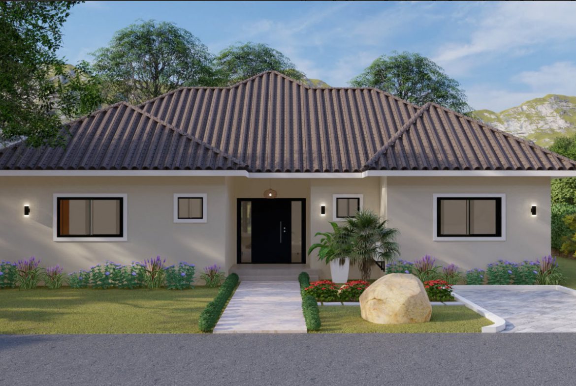 buyDRproperty Exterior view of a Wonderful 3 Bedroom Villa with a tiled roof and lush landscaping. Sosua Real Estate