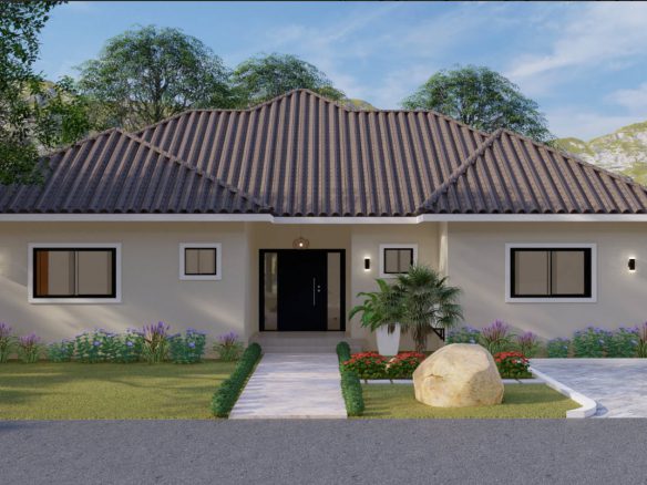 buyDRproperty Exterior view of a Wonderful 3 Bedroom Villa with a tiled roof and lush landscaping. Sosua Real Estate