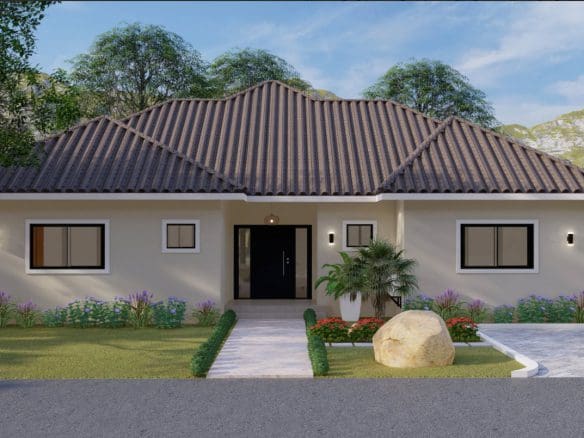 buyDRproperty Exterior view of a Wonderful 3 Bedroom Villa with a tiled roof and lush landscaping. Sosua Real Estate